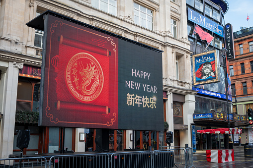London. UK- 02.11.2024. A billboard displaying Happy New Year in the Chinese New Year celebration in China Town.