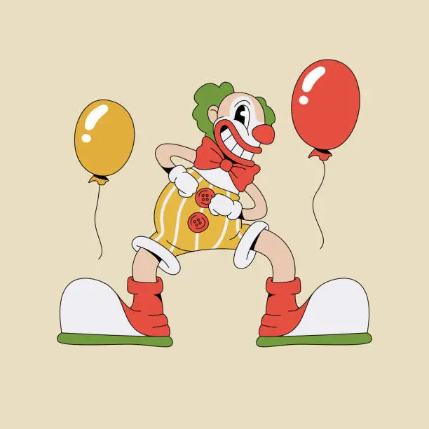 Vector illustration of Clown with Balloons in cartoon groovy style.