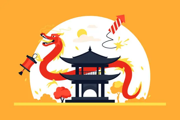 Vector illustration of Red dragon and shinto shrine - modern colored vector illustration