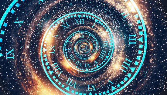 A stunning digital art piece representing a spiraling time vortex with roman numerals and cosmic elements, symbolizing infinity.Perfectly usable for all kind of topics related to time and history