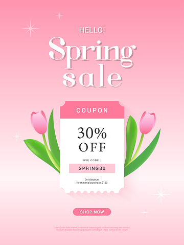 Hello! Spring Sale coupon template poster vector design. Tulip flowers on pink background