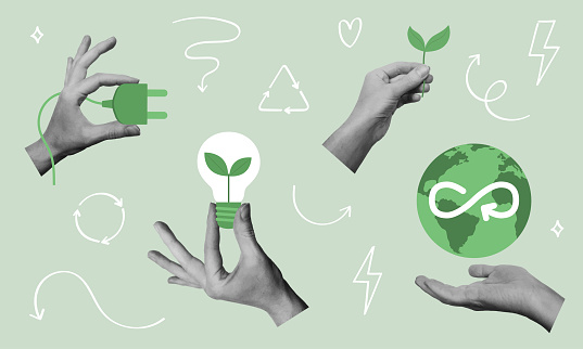 Hands holding Earth globe, plant, power saving lamp. Vector illustration