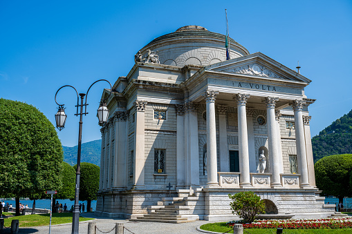 Como, Italy – June 19, 2023: Volta Temple is a museum in the city of Como, Italy that is dedicated to Alessandro Volta, a scientist and the inventor of the electrical battery.