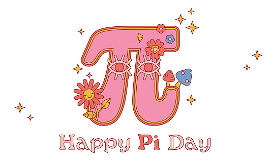 Happy Pi Day. Vector illustration. Happy Pi Day! Celebrate Pi Day. Mathematical constant. March 14th. 3.14. Ratio of a circles circumference to its diameter. Constant number Pi. Hippi style. Pi Day