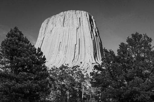 Devil's Tower in classic black and white landscape at sunset with a clear sky in Wyoming, USA