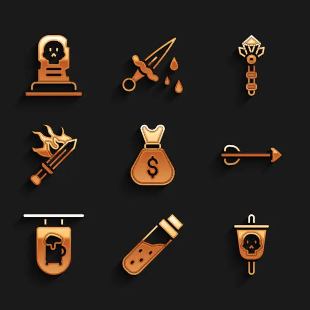 Vector illustration of Set Old money bag, Bottle with potion, Pirate flag, Arrow, Street signboard Bar, Sword for game, Magic wand and Grave tombstone icon. Vector