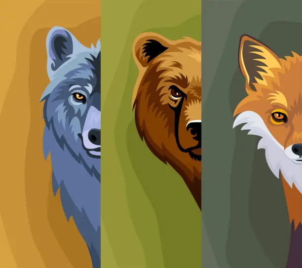 Vector illustration of Wildlife Mascot Trio: Bear, Wolf, and Fox Heads. Creative Banner Design.