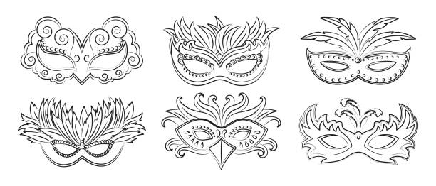 ilustrações de stock, clip art, desenhos animados e ícones de masquerade carnival masks, outline drawing set. illustration, sketch for coloring - mardi gras new orleans feather mask