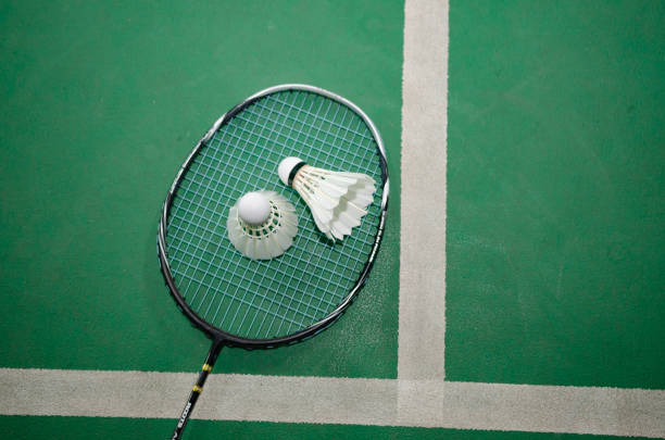 Badminton rackets and white cream badminton shuttlecocks after playing or after games on green floor in indoor badminton court  soft focus  concept for badminton lovers around the world.