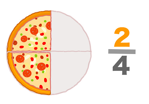 Half two divided by four. Fraction pizzas, slices half whole halve 2, 4. Two quarters. Half eaten pizza slices, half remaining. Pie chart ratio infographic. Mathematic worksheet. Vector illustration