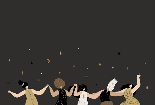 Happy Feminine Party Woman Festival.Women Dancing in Female Circle Together. Postcard,banner with place for text .Woman Power. Feminine,Female Empowerment Night Fest. Flyer Flat Vector Illustration