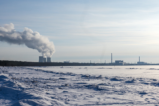 Leningrad Nuclear Plant on the coast of Baltic Sea, landscape photo taken on a winter day