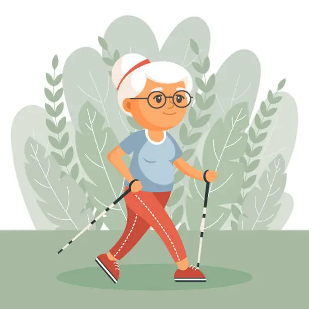 Vector illustration of Happy old woman grandmother goes in for sports, yoga, walks. An elderly woman is exercising. Flat illustration