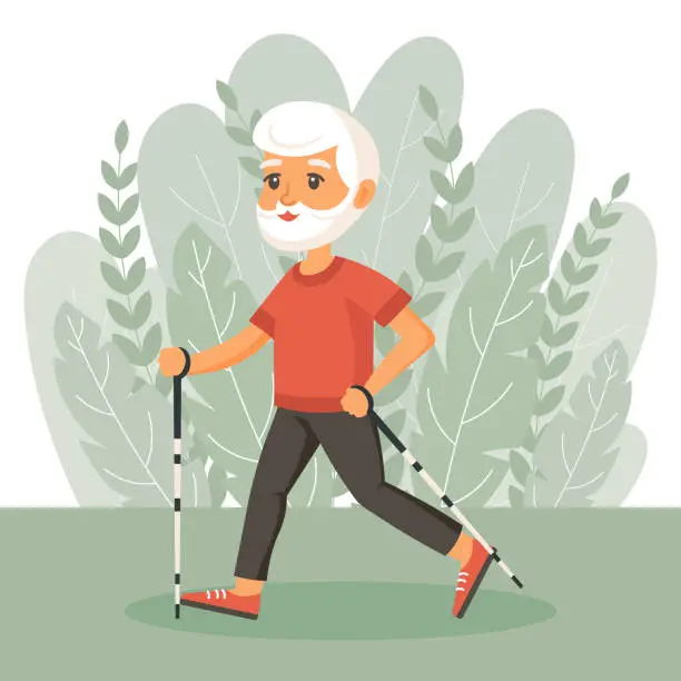 Vector illustration of Happy old man grandfather goes in for sports, yoga, walks. An elderly man is exercising. Flat illustration