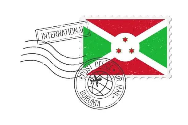Vector illustration of Burundi grunge postage stamp. Vintage postcard vector illustration with national flag of Burundi isolated on white background. Retro style.