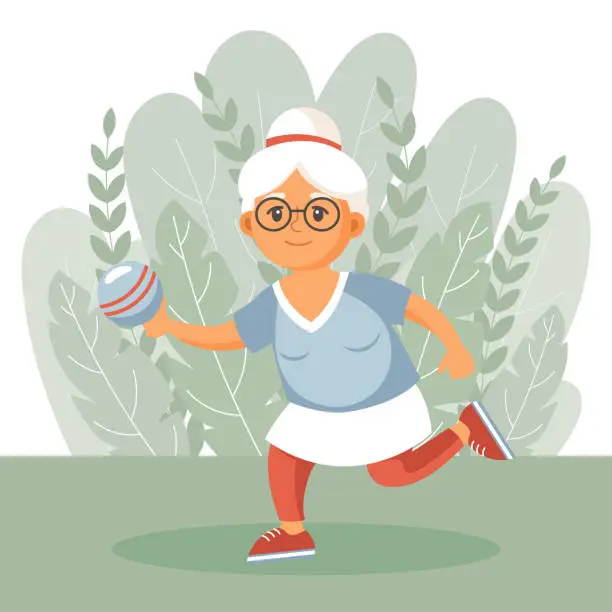 Vector illustration of Happy old woman grandmother goes in for sports, yoga, walks. An elderly woman is exercising. Flat illustration