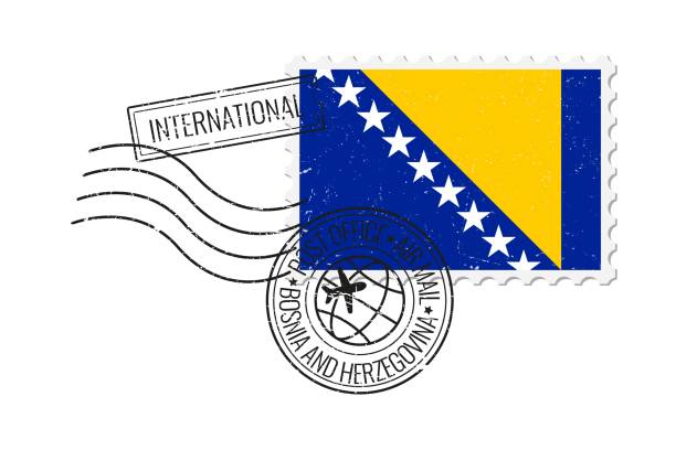 ilustrações de stock, clip art, desenhos animados e ícones de bosnia and herzegovina grunge postage stamp. vintage postcard vector illustration with bosnia and herzegovinan national flag isolated on white background. retro style. - bosnia herzegovinan