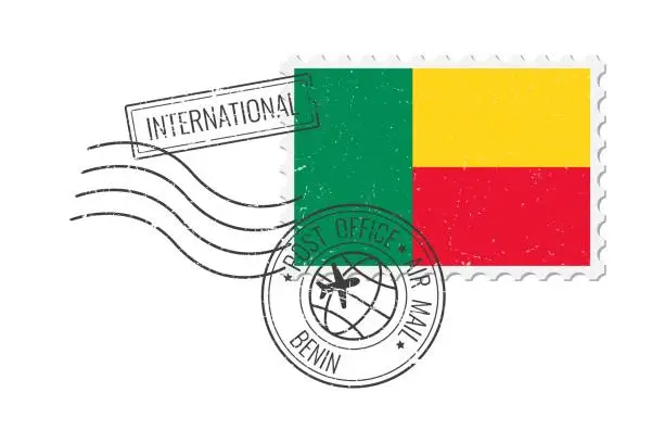 Vector illustration of Benin grunge postage stamp. Vintage postcard vector illustration with national flag of Benin isolated on white background. Retro style.