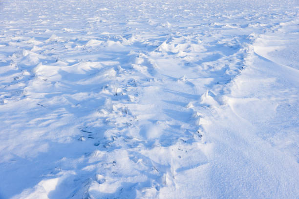 Sharp ice shards are under snow on the coast of Baltic Sea on a winter day