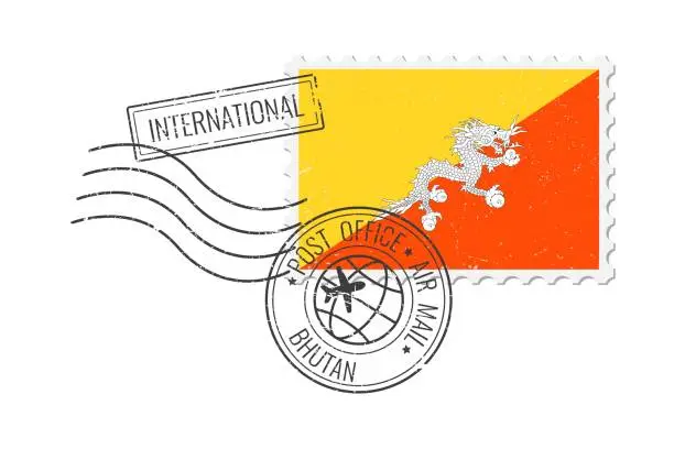 Vector illustration of Bhutan grunge postage stamp. Vintage postcard vector illustration with national flag of Bhutan isolated on white background. Retro style.