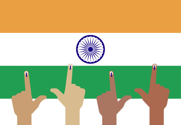 istock Indian election banner. multiple inked index fingers raised, representing voter participation, with India flag background. Vector flat icon style design 2008209665