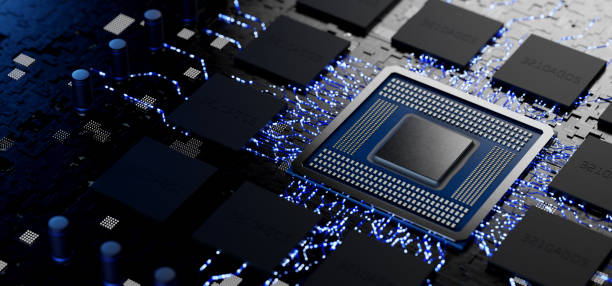 istock x86, ARM and RISK-V architecture processor on the motherboard. Abstract microchip. Electronic board. CPU. Graphics processor. Neuro processor. Abstract concept of microelectronics technology. 3D rendering. 2008226003