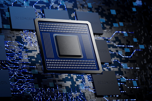 Abstract microchip. Electronic board. CPU. x86, ARM and RISK-V architecture processor on the motherboard. Graphics processor. Neuro processor. Abstract concept of microelectronics technology. 3D rendering.
