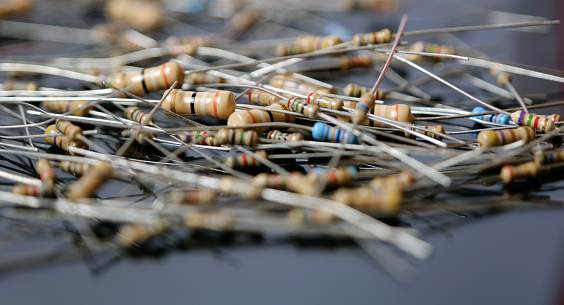 Electrical resistors, passive electric circuit element. Electronic industry concept header. Selected focus.