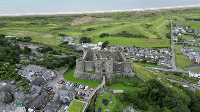 Aerial view of medieval Harlech Castle in Snowdonia, North Wales