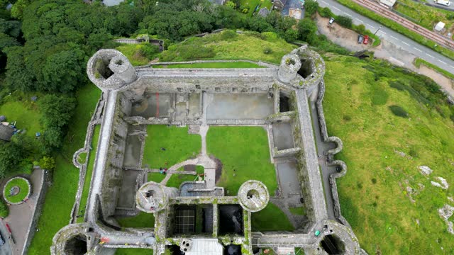 Aerial view of medieval Harlech Castle in Snowdonia, North Wales