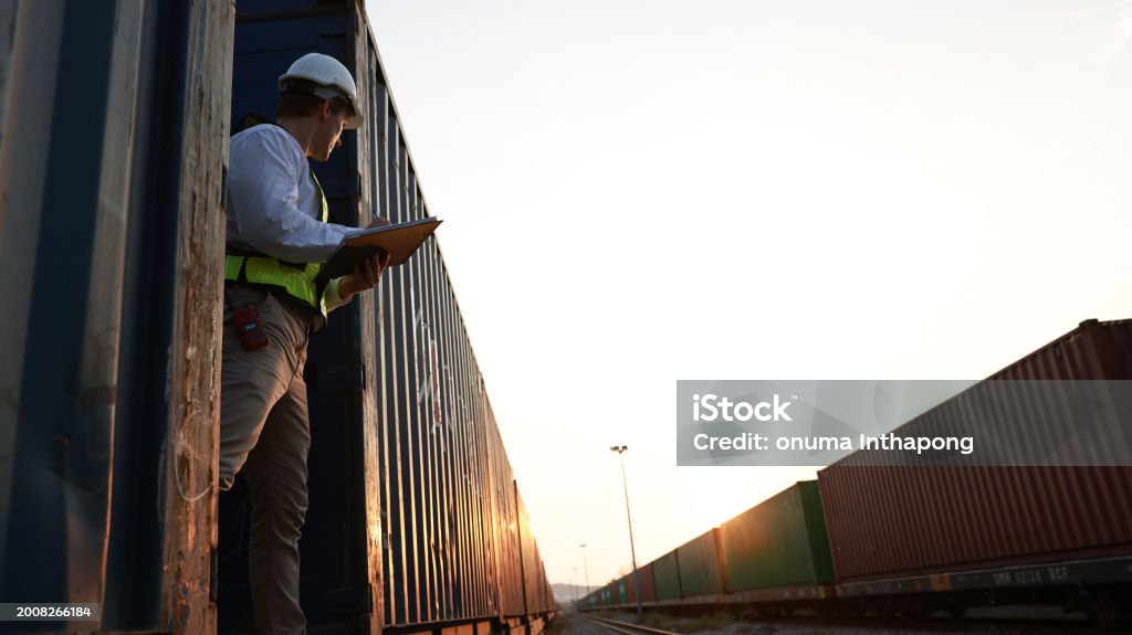 Container Field Work Logistic Engineer Work On Container Cargo By Train Freight Ship Import ...