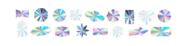 Vector illustration of Silver holographic sticker with gradient effect, for label, badge, or sale stamp, foil hologram. Flat vector illustration isolated on white background.