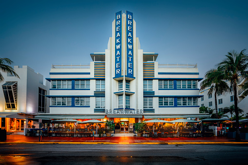 Miami Beach Florida, USA, February 1, 2023. As an outlier to the abundant art deco, the Betsy Ross hotel displays a Florida-Georgian architecture on Ocean drive. The design is traditional with none of the neon lighting flair displayed on most art deco buildings.