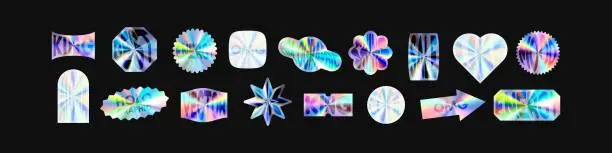 Vector illustration of Y2K holographic sticker set hearts with chrome effect. Abstract shapes in hologram style. Flat vector illustration isolated on white background.