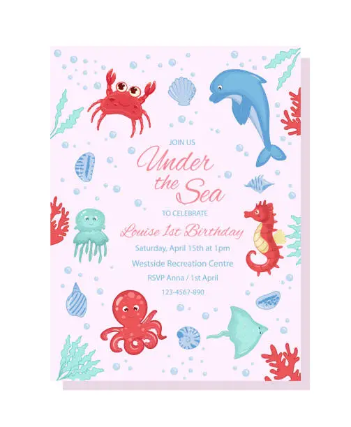 Vector illustration of Birthday invitation set under sea theme background template, children's birthday party, invitation card with cartoon sea characters