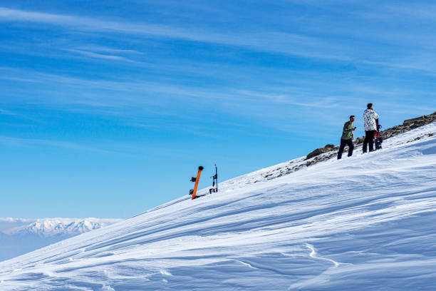 The skier is gliding down a snowy slope with a picturesque landscape of trees and plants under the clear sky, enjoying the freezing temperatures and atmospheric phenomenon