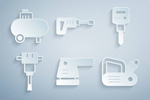 ilustrações de stock, clip art, desenhos animados e ícones de set electric sander, construction jackhammer, planer tool, rotary drill machine and air compressor icon. vector - fuel and power generation air vehicle repairing airplane