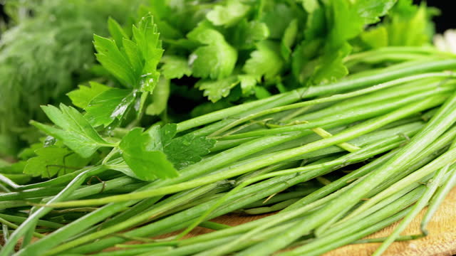 Close up, Rotation of Juicy Fresh Herbs, Dill, Onion, Parsley on a Wooden Board