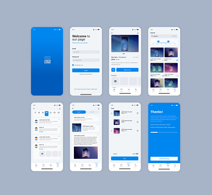 Smartphone UI app. Phone screens for shop application. Mobile interface with account login and shopping cart. Screenshots responsive website mockups.