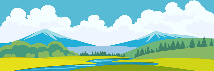 Spring Landscape Background in Flat Style. Hand drawn vector art.