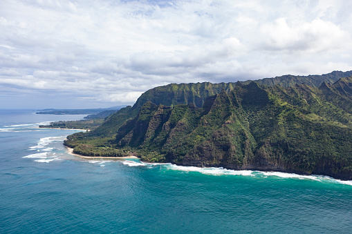 nā pali coast state wilderness park, helicopter point of view, kauai island, hawaii islands, usa.