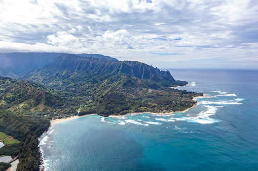 nā pali coast state wilderness park, helicopter point of view, kauai island, hawaii islands, usa.