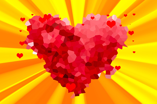 Red low-poly stylized heart with radial light beams. Can be used as a design for romantic, Valentine's day holiday greeting cards or posters.