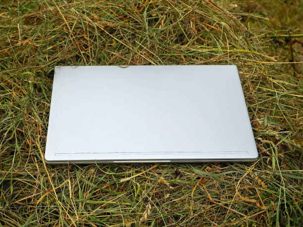 Closed silver laptop lies on a haystack. Close-up, modern technologies in the countryside.