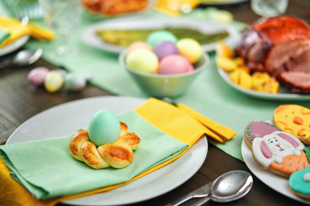 Easter Lunch with Roast Pork, Vegetables, Easter Cookies and Easter Cake