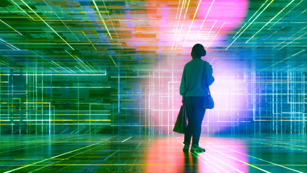 istock Casual woman standing in VR environment 2008390991