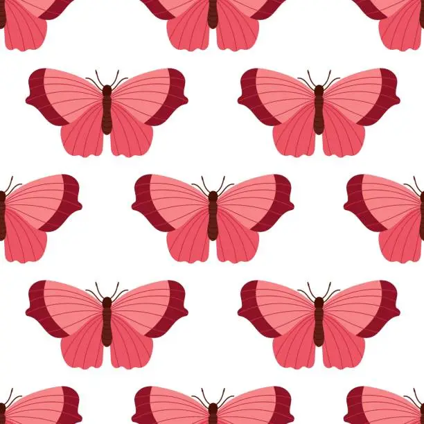 Vector illustration of Seamless Butterfly pattern. Hand drawn sketch element. Beautiful insect in flight. Minimalist Color Nature Illustration. Red Flying butterfly. Repeated background for wallpaper, textile, wrapper.