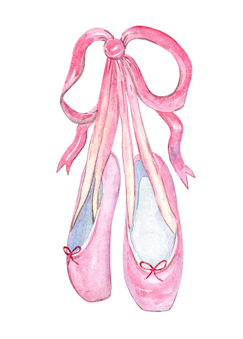 Watercolor pink ballet shoes hanging illustration isolated on white background