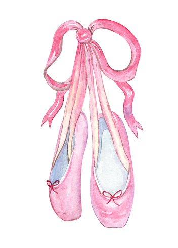 Watercolor Pink Ballet Shoes Hanging Illustration Isolated On White
