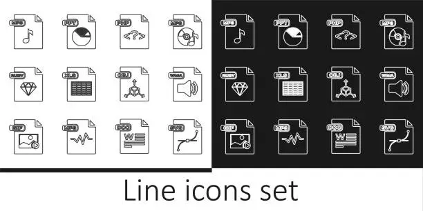 Vector illustration of Set line SVG file document, WMA, PHP, XLS, RUBY, MP3, OBJ and PPT icon. Vector